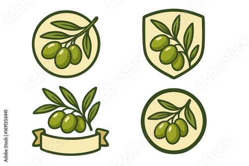 Olive branch vector logo set. Green olives icon collection for natural organic food. Emblem, badge, and label with circle, shield, and banner elements. Healthy ingredient.