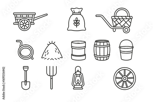 Rustic Cart Icons. Outline icon set of Rustic village carts: wooden cart, grain sack, wheelbarrow, basket,