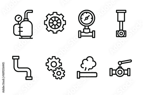 Industrial Steam Icon Set. Outline icon set of industrial steam elements: steam boiler, cogwheel flywheel, pressure valve, piston
