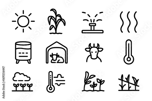 Extreme Heat Icon Set. Outline icon set of extreme heat and farming: blazing sun, withered corn, irrigation