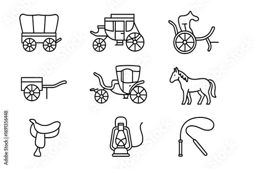 Old Wagon Icons. Outline icon set of Old-fashioned wagons: covered wagon, stagecoach, cart, carriage, buggy,
