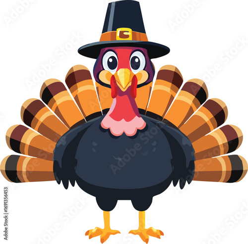 A funny cartoon turkey wearing a pilgrim hat. A cute character vector illustration for Thanksgiving holiday celebrations. Generative AI