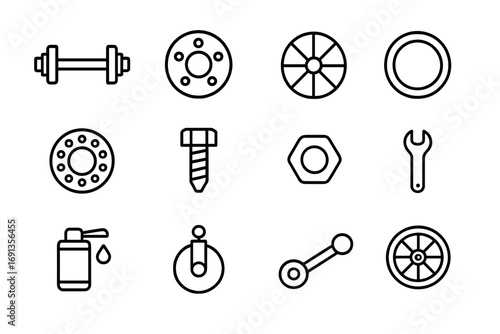 Wheel Mechanics Icons. Outline icon set of Wheel-related mechanics: axle, hub, spoke, rim, bearing, bolt, nut,