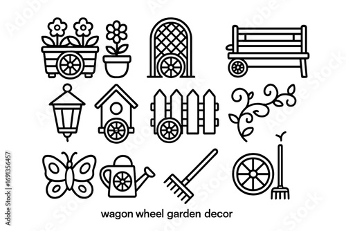 Garden Décor Icons. Outline icon set of Wagon wheel garden decor: planter, flower pot, trellis, bench, lantern
