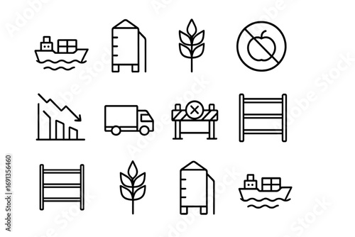Food Supply Chain Icons. Outline icon set of global food supply chain risks: cargo ship, grain silo, wheat