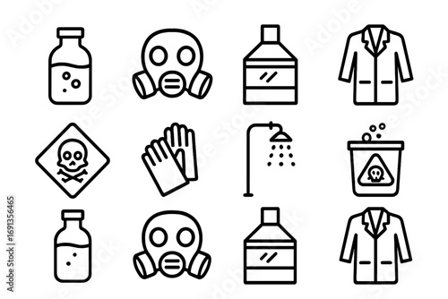 Chemical Safety Icons. Outline icon set of chemical safety: chemical bottle, safety mask, fume hood, lab coat,