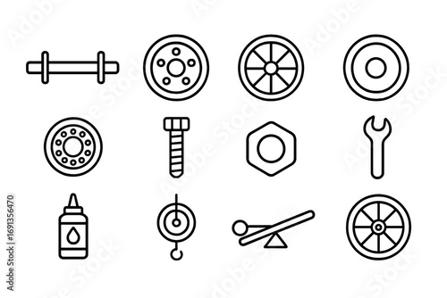 Wheel Mechanics Icons. Outline icon set of Wheel-related mechanics: axle, hub, spoke, rim, bearing, bolt, nut,
