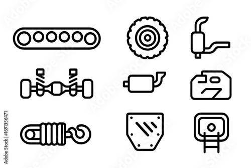 Infantry Vehicle Icons. Outline icon set of infantry vehicle mobility: tracked wheels, all-terrain tires, suspension system,