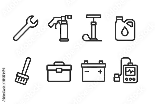 Infantry Vehicle Tools Icons. Outline icon set of infantry vehicle maintenance: wrench, grease gun, tire pump, engine oil,