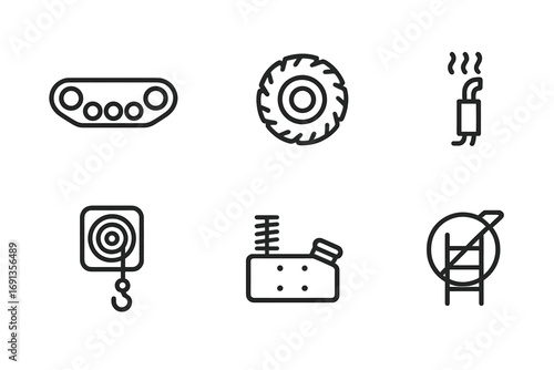 Infantry Vehicle Icons. Outline icon set of infantry vehicle mobility: tracked wheels, all-terrain tires, suspension system,