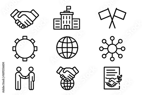 International Cooperation Icons. Outline icon set of international cooperation: handshake, UN building, flags,
