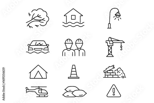 Storm Impact Icons. Outline icon set of Storm impact on urban areas: fallen tree, flooded street, broken