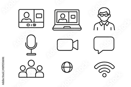 Online School Icons. Outline icon set of online school meetings: video call screen, laptop, teacher avatar,