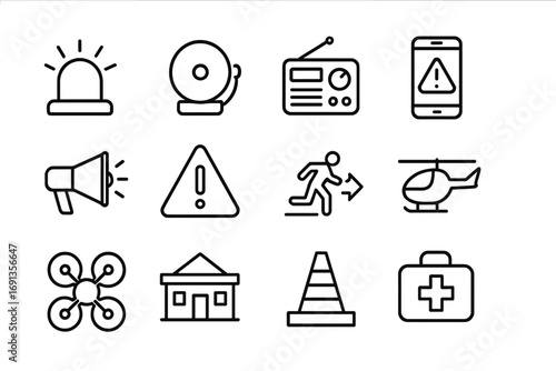 Disaster Warning Icon Set. Outline icon set of Disaster warning systems: siren, alarm bell, radio, mobile
