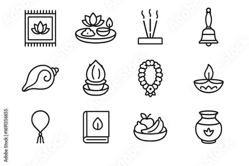 Diwali Ritual Icons. Outline icon set of Diwali family rituals: prayer mat, puja thali, incense holder, bell,
