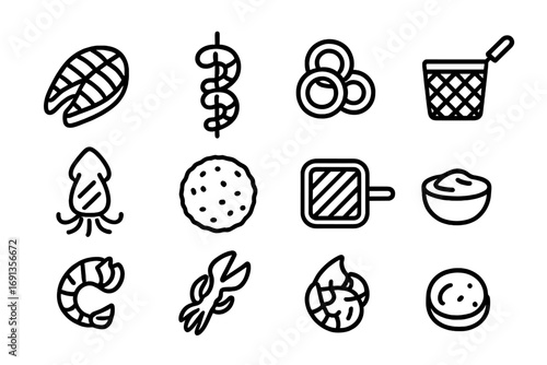 Seafood Icon Set. Outline icon set of grilled and fried seafood: fish fillet, shrimp skewer, calamari rings,