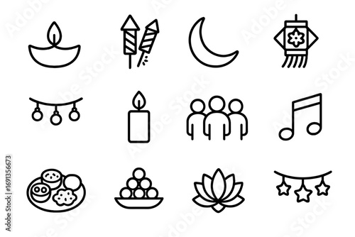 Diwali Celebration Icons. Outline icon set of Diwali evening celebrations: lit diyas, firecrackers, moon,