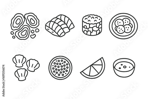 Seafood Icon Set. Outline icon set of raw seafood delicacies: oysters on ice, sashimi slices, tuna tartare,