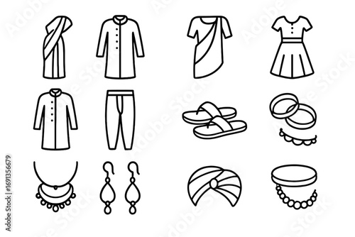 Diwali Attire Icons. Outline icon set of Diwali traditional attire: saree, kurta, dupatta, lehenga, sherwani,