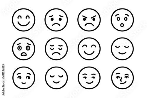 Emotion Icons Grid. Outline icon set of human emotions: happiness, sadness, anger, surprise, fear, disgust,