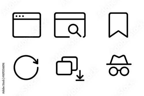 Internet Browsing Icons. Outline icon set of internet browsing: web browser, search engine, URL bar, bookmarks, history, tab