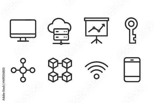 Investment Tech Icons. Outline icon set of investment fund technology: computer, cloud server, analytics chart, encryption key,