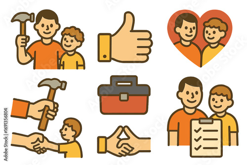 Family Fix-It Fun. Flat vector mini-illustrations home improvement teamwork in colors children's illustrations