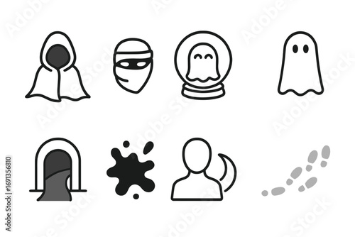 Invisibility Icon Set. Outline icon set of concealment and invisibility: shadow cloak, hidden face, transparent bubble, ghost