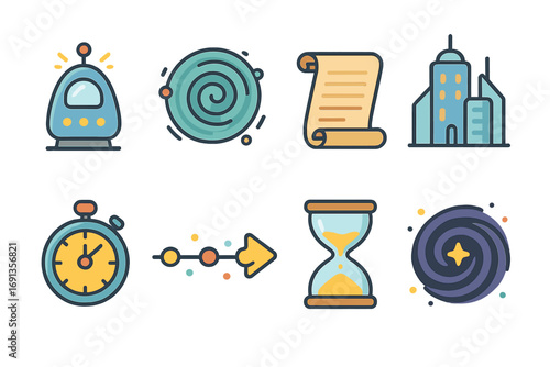 Time Travel Icons. Flat vector mini-illustrations time travel adventures in colors children's illustrations: