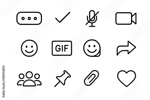 Digital Icons Grid. Outline icon set of digital communication styles: typing dots, read receipt check, mute microphone, camera off
