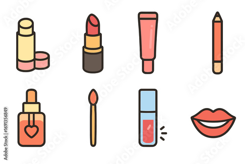 Lip Care Icons. Flat vector mini-illustrations lip care and styling in colors children's illustrations: lip
