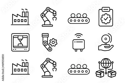 Smart Manufacturing Icons. Outline icon set of smart manufacturing: factory building, robotic arm, conveyor