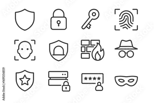 Digital Privacy Icons. Outline icon set of digital privacy protection tools: shield, padlock, key, fingerprint scan, face