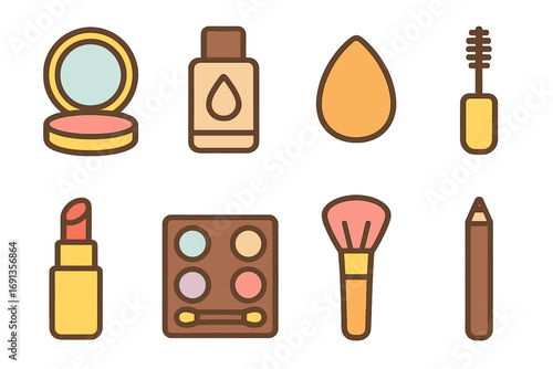Colorful Makeup Icons. Flat vector mini-illustrations applying makeup for the day in colors children's