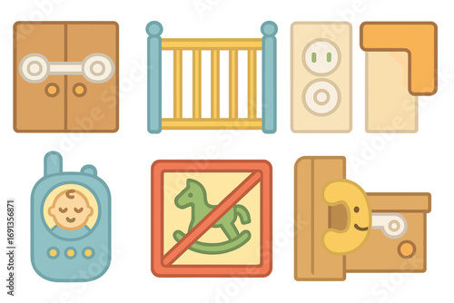 Child Safety Icons. Flat vector mini-illustrations child safety at home in colors children's illustrations: