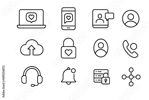 Digital Mental Health Icons. Outline icon set of online mental health platforms: laptop with chat, smartphone app, video call icon