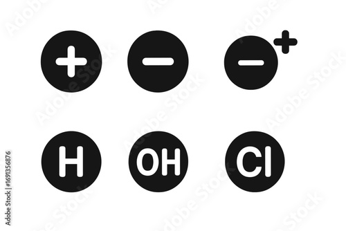 Ion Types Icon Set. Solid, filled icon set of ion types: positive ion, negative ion, cation, anion, hydrogen ion, hydroxide ion,