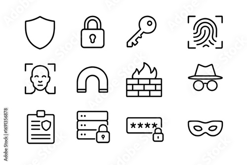 Digital Privacy Icons. Outline icon set of digital privacy protection tools: shield, padlock, key, fingerprint scan, face