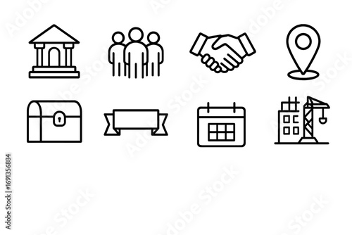 Community Time Capsule Icons. Outline icon set of community time capsule: town hall, group of people,