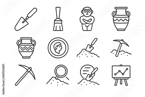 Archaeological Icon Set. Outline icon set of archaeological time finds: excavation tool, brush, artifact,