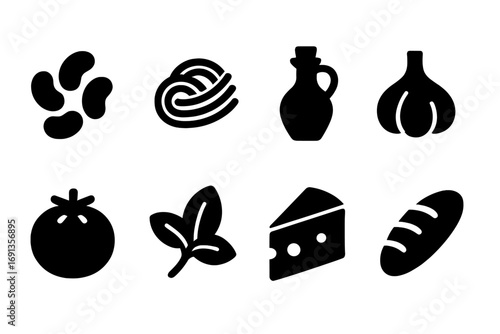 Italian Cuisine Icons. Solid, filled icon set of Italian cuisine: white beans, pasta, olive oil, garlic, tomato, basil, parmesan,