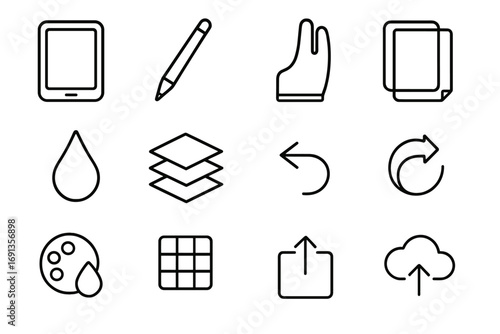 Digital Toolkit Icons. Outline icon set of digital calligraphy toolkit: tablet, stylus, tablet glove, screen protector, brush