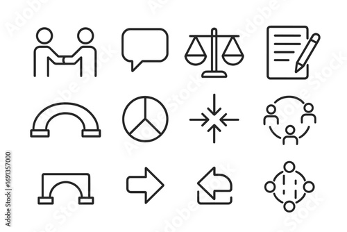 Negotiation Icon Set. Outline icon set of negotiation and compromise: two people shaking hands, speech bubble,