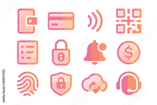 Digital Wallet Icons. Gradient icons set of digital wallet services: smartphone wallet, credit card, NFC symbol, QR code scanner,