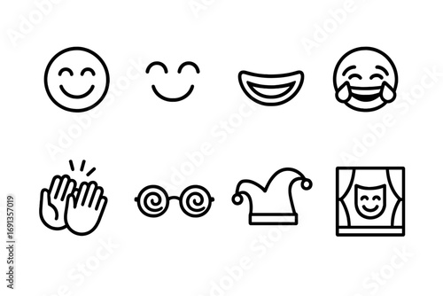 Joyful Icon Set. Outline icon set of happiness and humor: joyful face, smiling eyes, laughing mouth, tears of joy, applause hands,