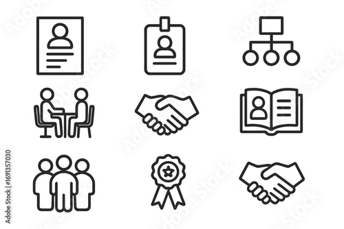 HR Icons Collection. Outline icon set of HR decisions: resume, employee badge, recruitment flowchart,