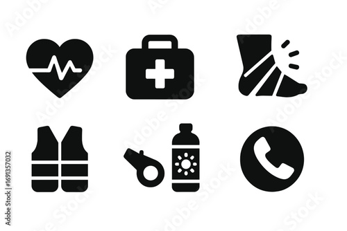 Jogging Safety Icons. Solid, filled icon set of jogging health and safety: heart rate monitor, first aid kit, water bottle, injury