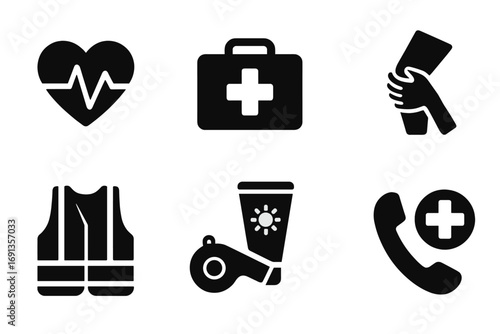 Jogging Safety Icons. Solid, filled icon set of jogging health and safety: heart rate monitor, first aid kit, water bottle, injury