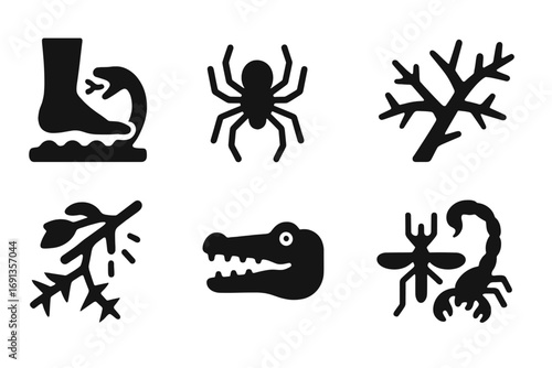 Jungle Danger Icons. Solid, filled icon set of jungle dangers: snake bite, spider, quicksand, thorn bush, falling branch,