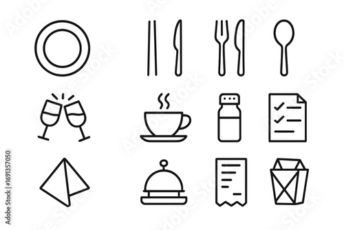 Dining Etiquette Icons. Outline icon set of dining customs and etiquette: dinner plate, chopsticks, fork and knife, spoon, toast